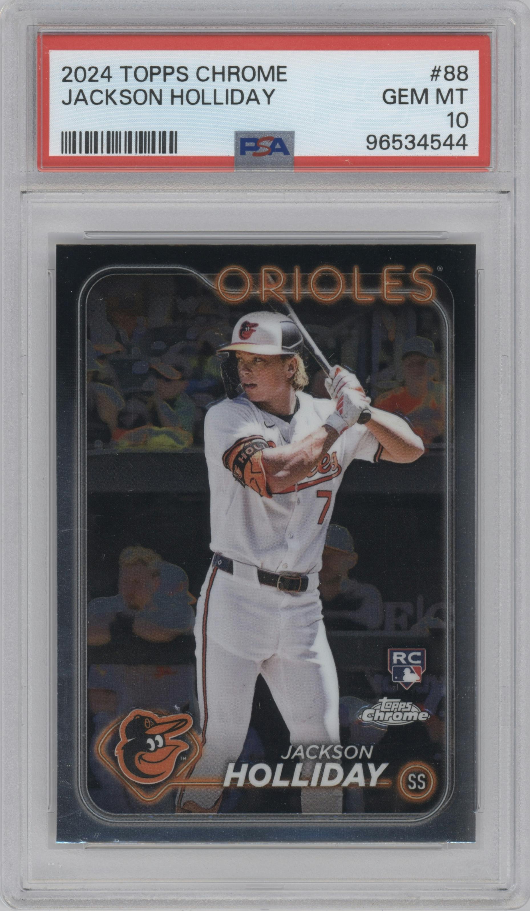 Jackson Holliday from the 2024 Topps Chrome set graded by PSA and given an overall grade of 10.