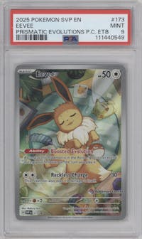 Eevee from the 2025 Pokemon SV set featuring a Prismatic Evolutions Pokemon Center Elite Trainer Box parallel graded by PSA and given an overall grade of 9.