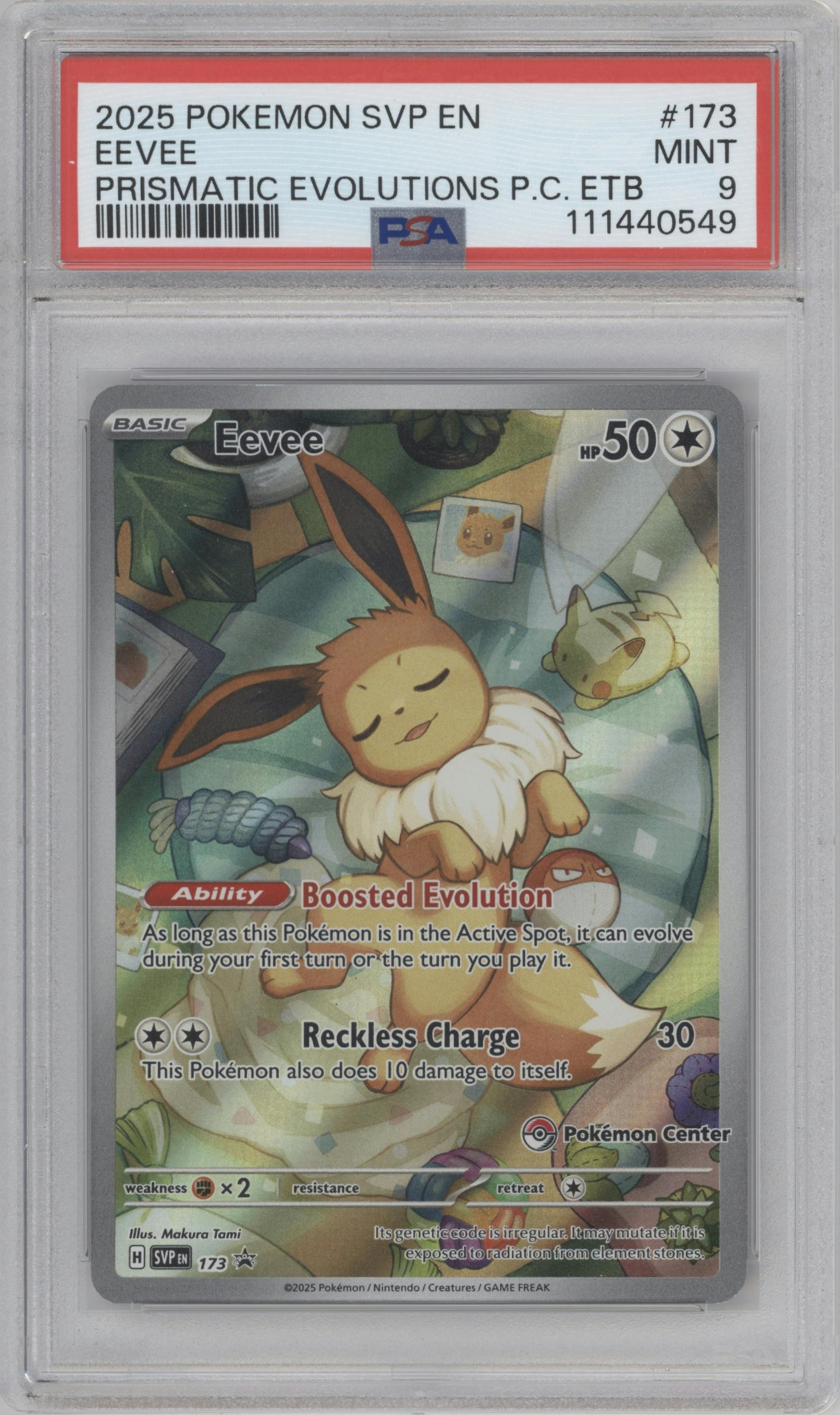 Eevee from the 2025 Pokemon SV set featuring a Prismatic Evolutions Pokemon Center Elite Trainer Box parallel graded by PSA and given an overall grade of 9.