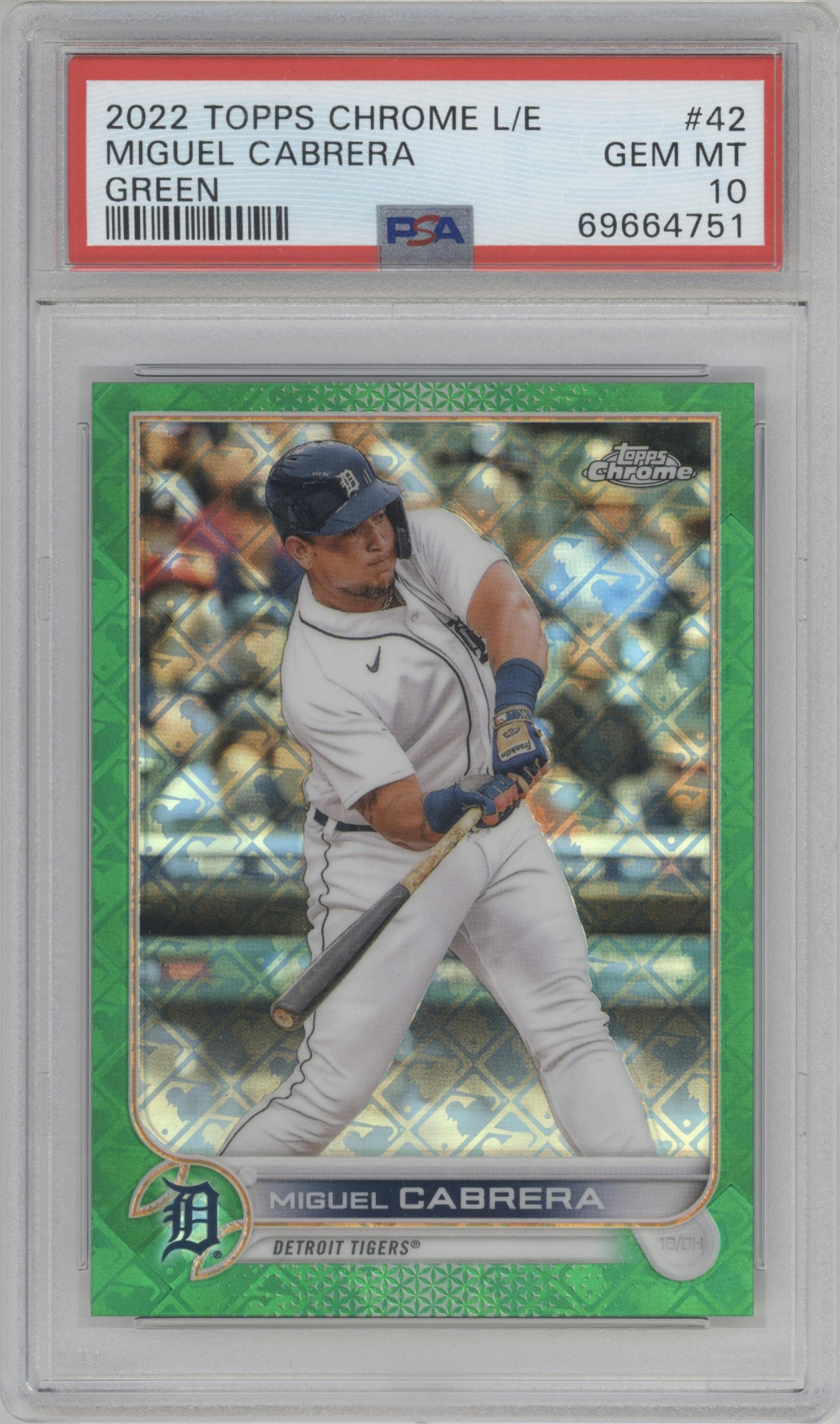 Miguel Cabrera from the 2022 Topps Chrome Logofractor set featuring a Green parallel graded by PSA and given an overall grade of 10.