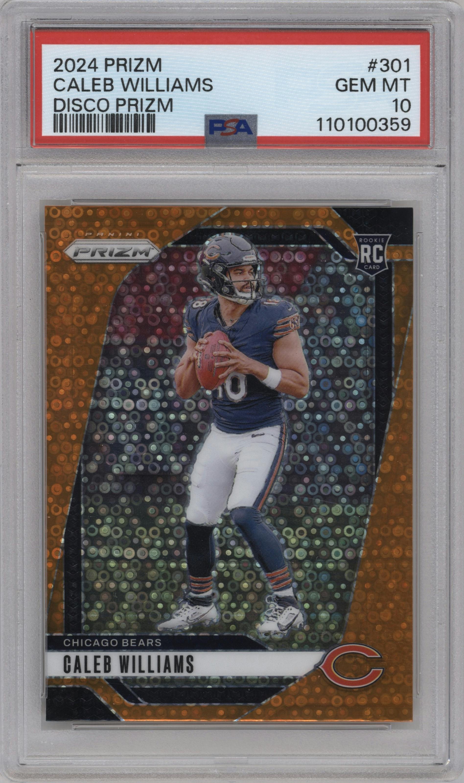 Caleb Williams from the 2024 Panini Prizm set featuring a Disco parallel graded by PSA and given an overall grade of 10.
