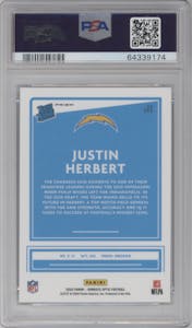 Justin Herbert from the 2020 Panini Donruss Optic set featuring a Holo parallel graded by PSA and given an overall grade of 9.