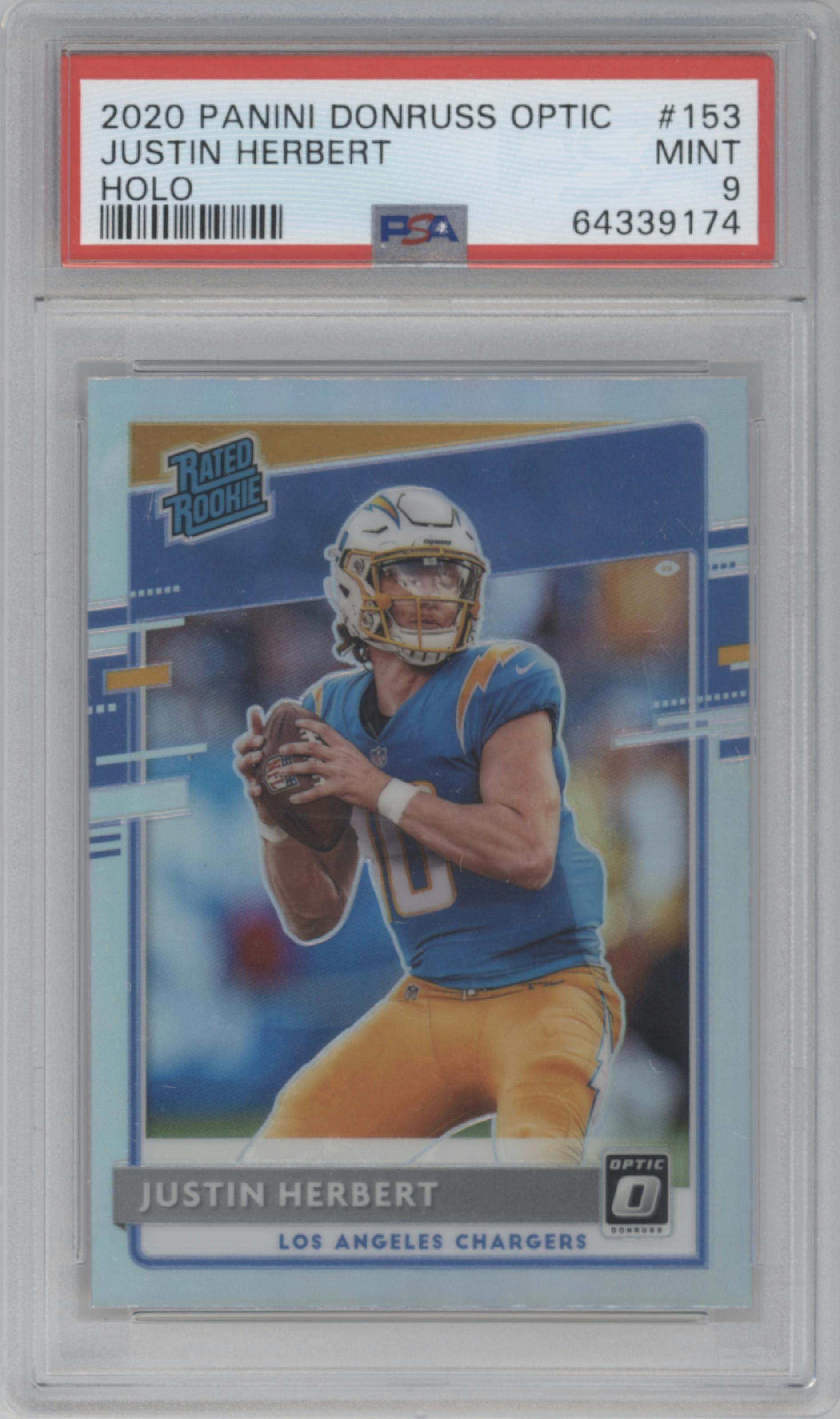 Justin Herbert from the 2020 Panini Donruss Optic set featuring a Holo parallel graded by PSA and given an overall grade of 9.