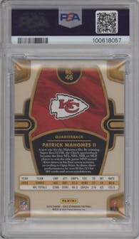 Patrick Mahomes II from the 2024 Panini Gold Standard set featuring a Citrine parallel graded by PSA and given an overall grade of 9.