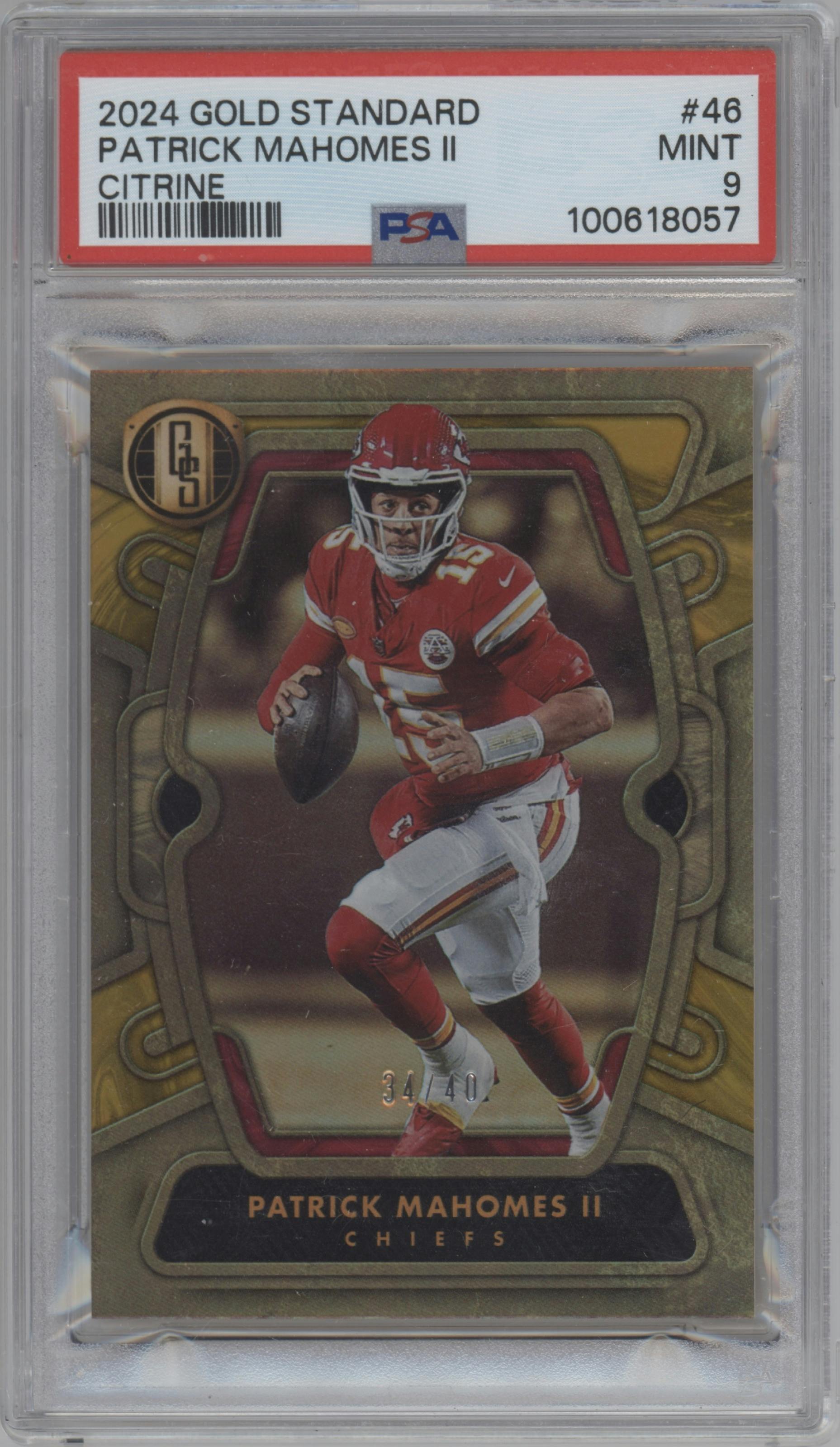 Patrick Mahomes II from the 2024 Panini Gold Standard set featuring a Citrine parallel graded by PSA and given an overall grade of 9.