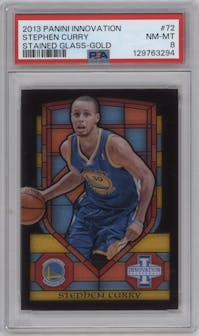 Stephen Curry from the 2013-14 Panini Innovation set featuring a Gold parallel graded by PSA and given an overall grade of 8.