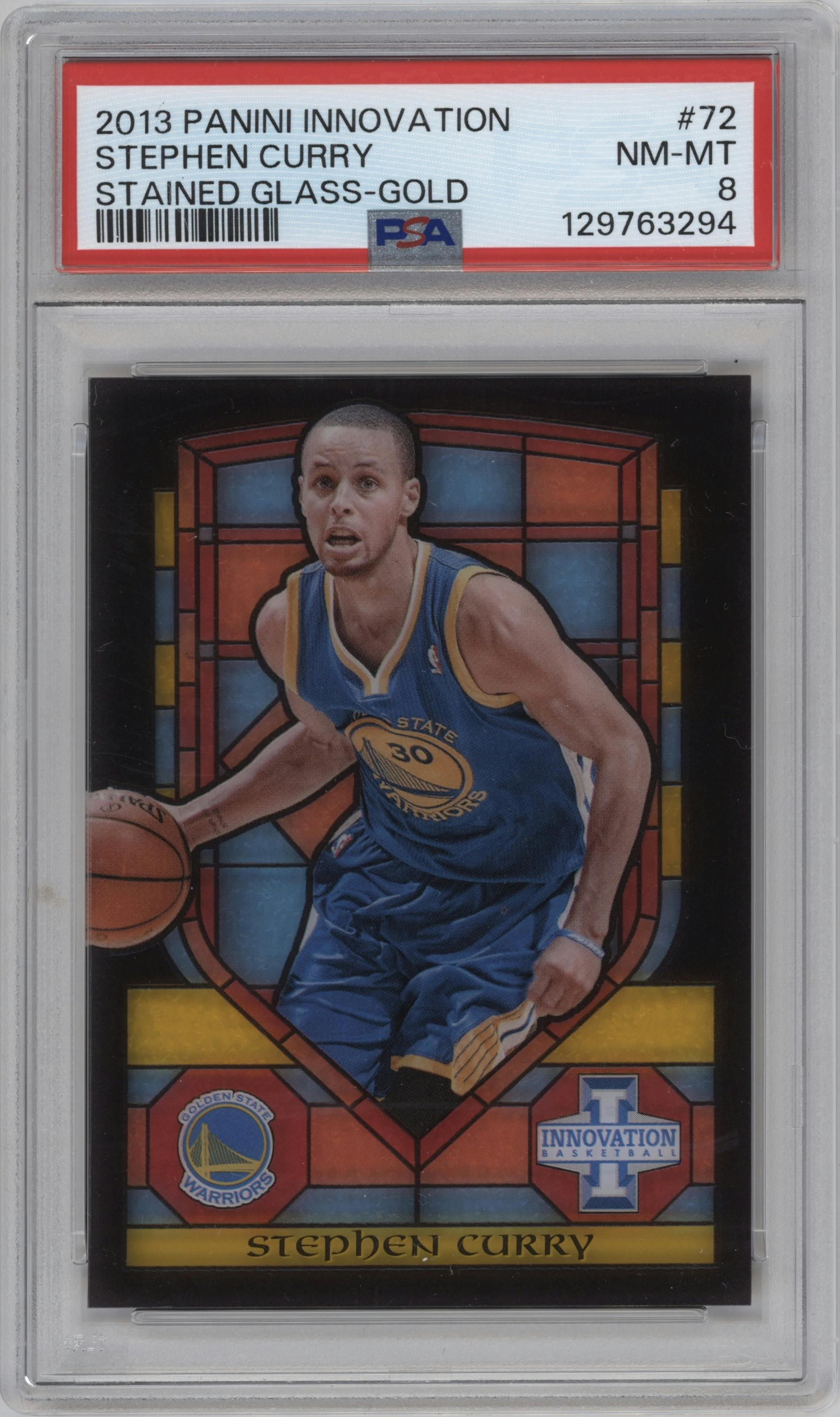 Stephen Curry from the 2013-14 Panini Innovation set featuring a Gold parallel graded by PSA and given an overall grade of 8.