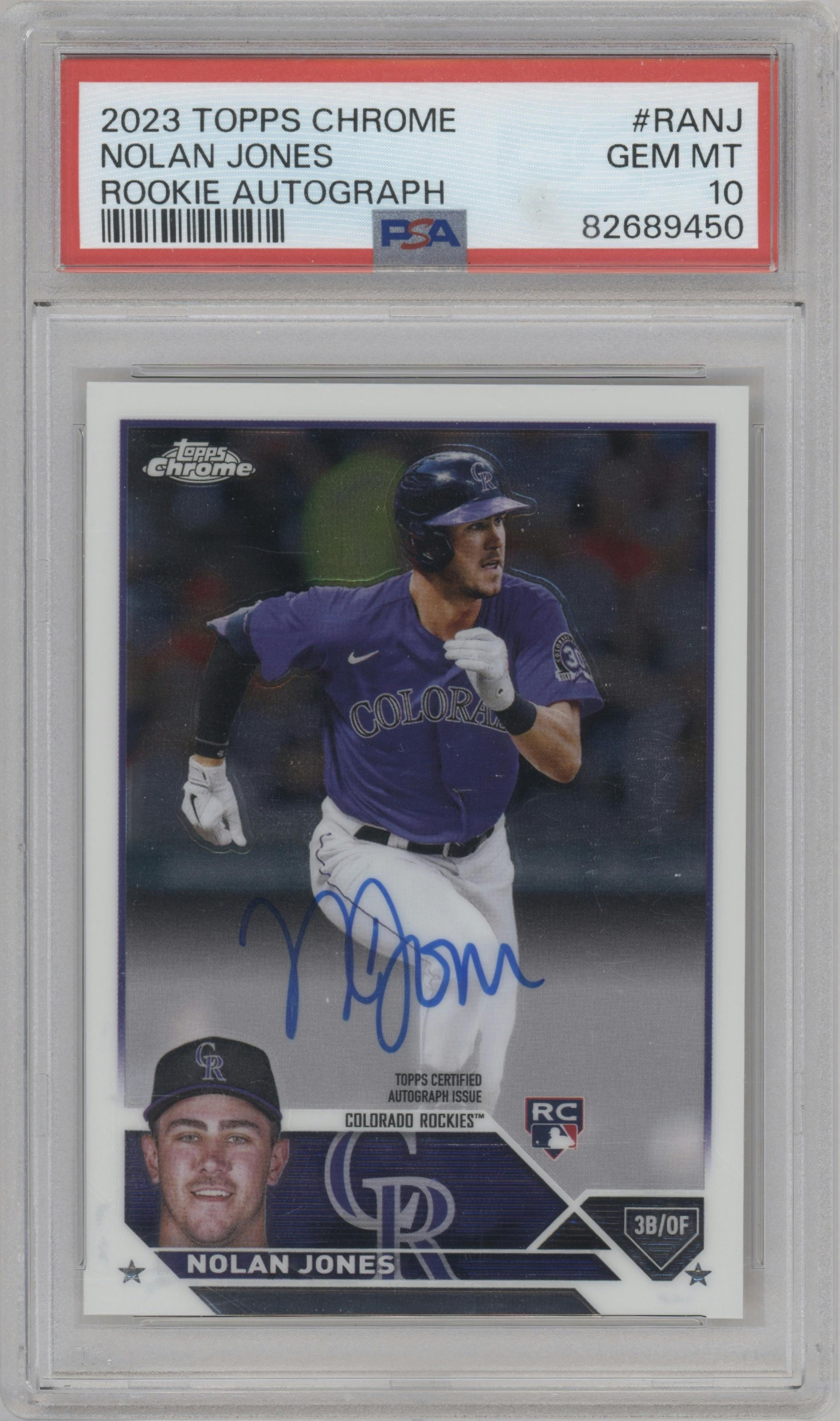 Nolan Jones from the 2023 Topps Chrome set graded by PSA and given an overall grade of 10.