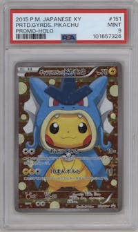 Gyarados Pikachu from the 2015 Pokemon XY JPN set featuring a Pretend Pikachu boxset parallel graded by PSA and given an overall grade of 9.