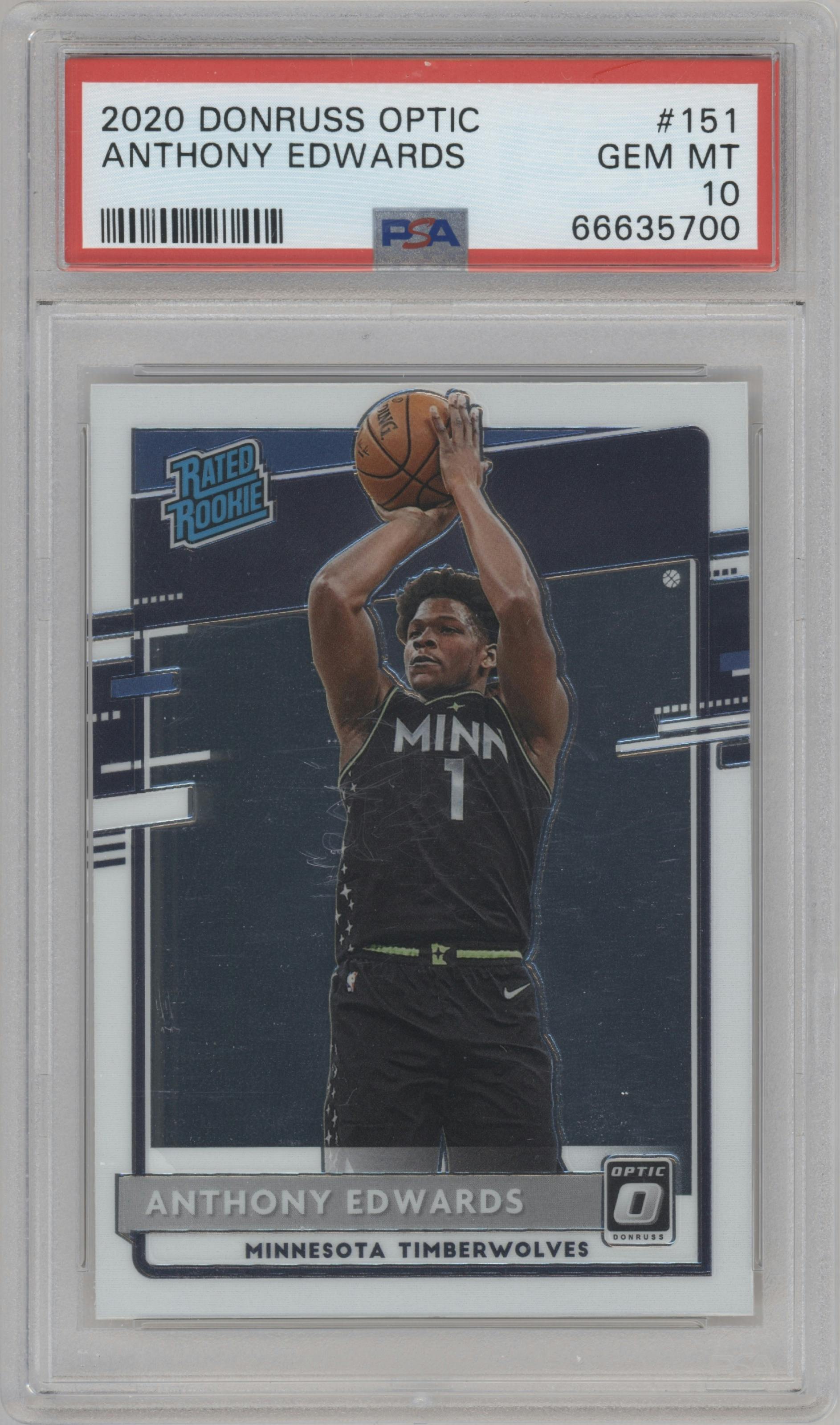 Anthony Edwards from the 2020-21 Panini Donruss Optic set graded by PSA and given an overall grade of 10.