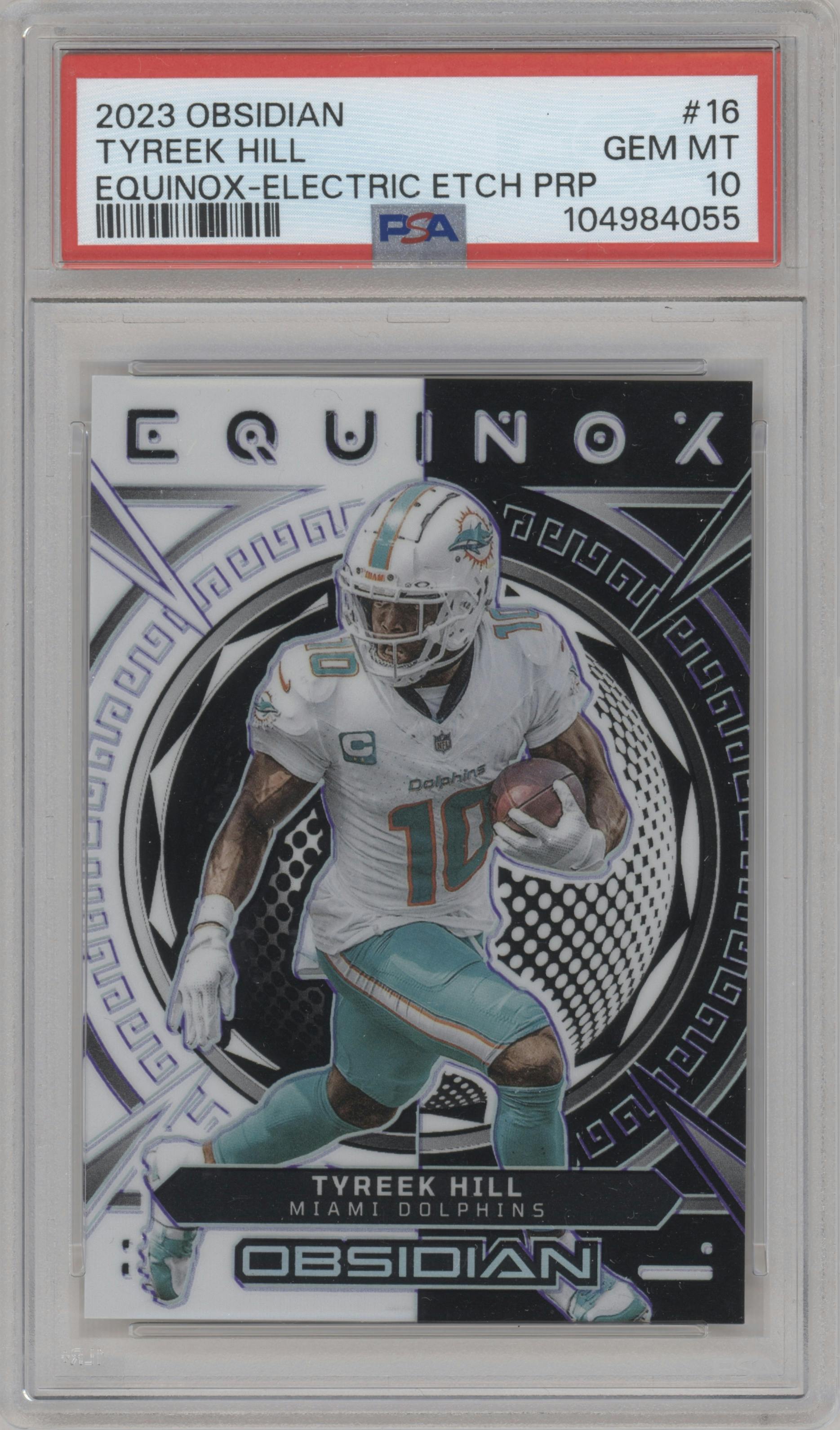 Tyreek Hill from the 2023 Panini Obsidian set featuring a Electric Etch Purple parallel graded by PSA and given an overall grade of 10.