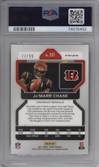 Ja'Marr Chase from the 2021 Panini Prizm set featuring a Blue Ice parallel graded by PSA and given an overall grade of 10.