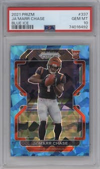 Ja'Marr Chase from the 2021 Panini Prizm set featuring a Blue Ice parallel graded by PSA and given an overall grade of 10.