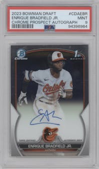 Enrique Bradfield Jr. from the 2023 Bowman Draft set graded by PSA and given an overall grade of 9.