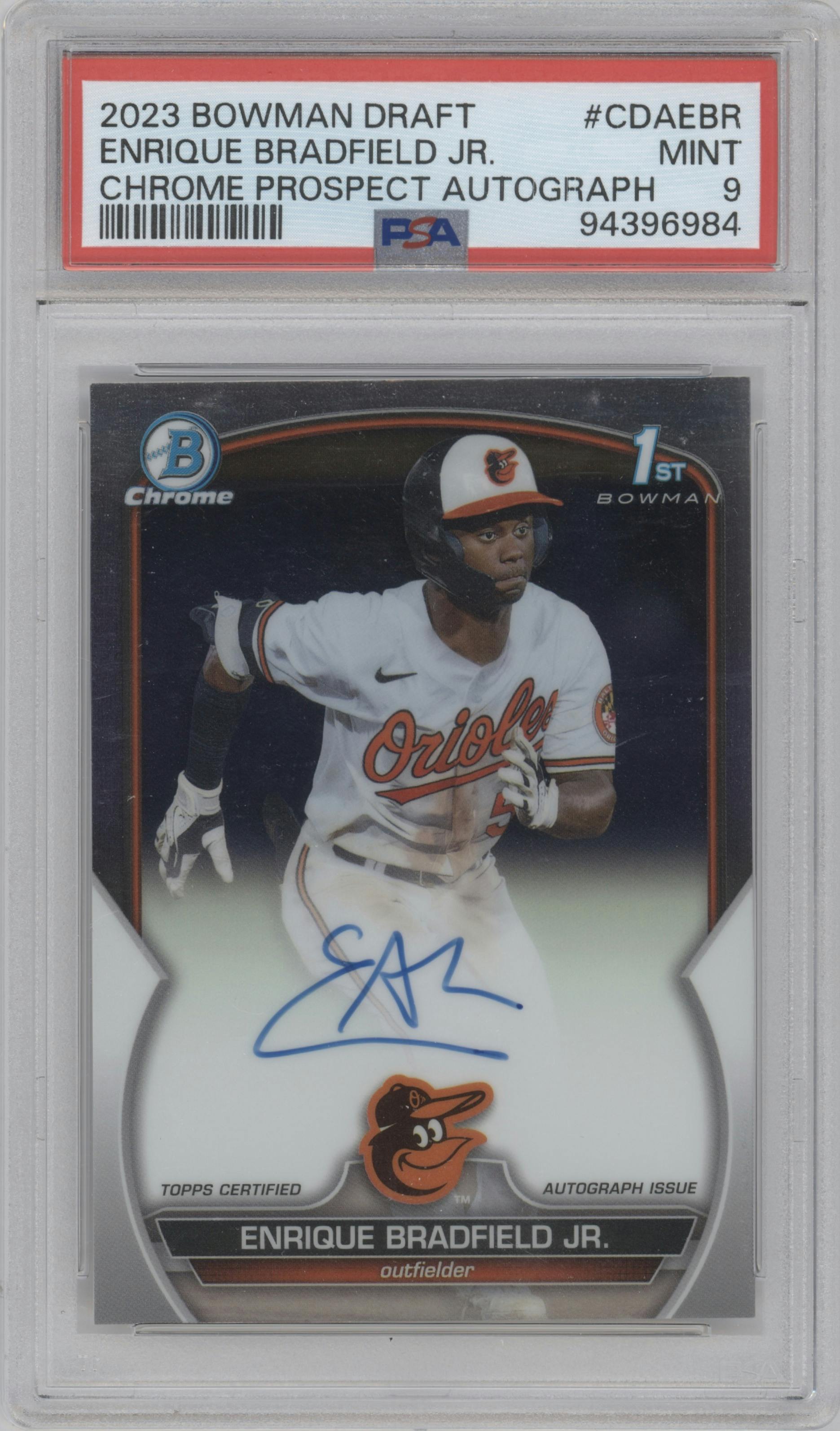 Enrique Bradfield Jr. from the 2023 Bowman Draft set graded by PSA and given an overall grade of 9.
