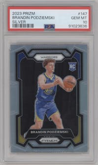 Brandin Podziemski from the 2023-24 Panini Prizm set featuring a Silver Prizm  parallel graded by PSA and given an overall grade of 10.