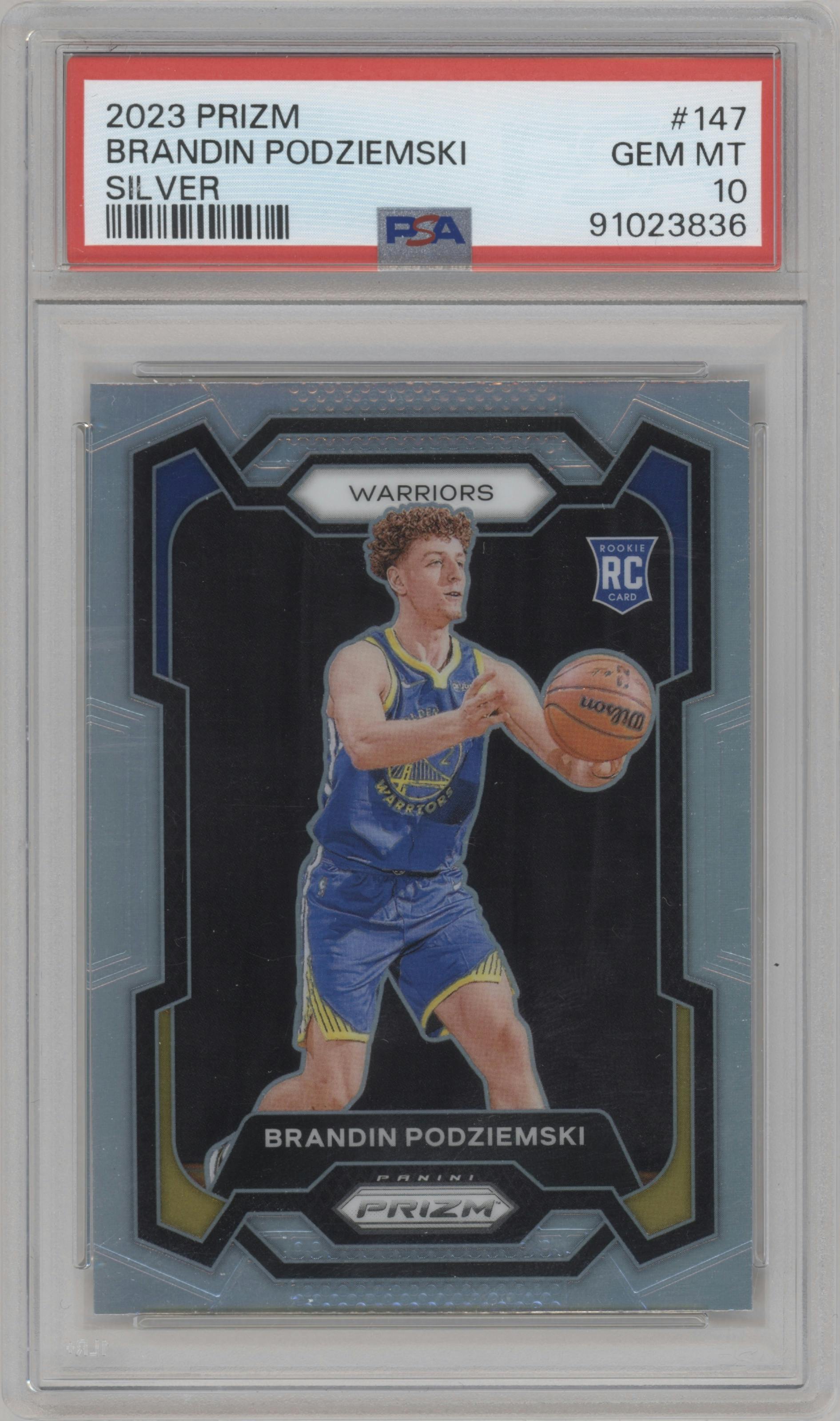 Brandin Podziemski from the 2023-24 Panini Prizm set featuring a Silver Prizm  parallel graded by PSA and given an overall grade of 10.