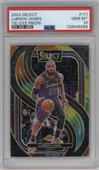 LeBron James from the 2024-25 Panini Select set featuring a Tie-Dye Prizm parallel graded by PSA and given an overall grade of 10.