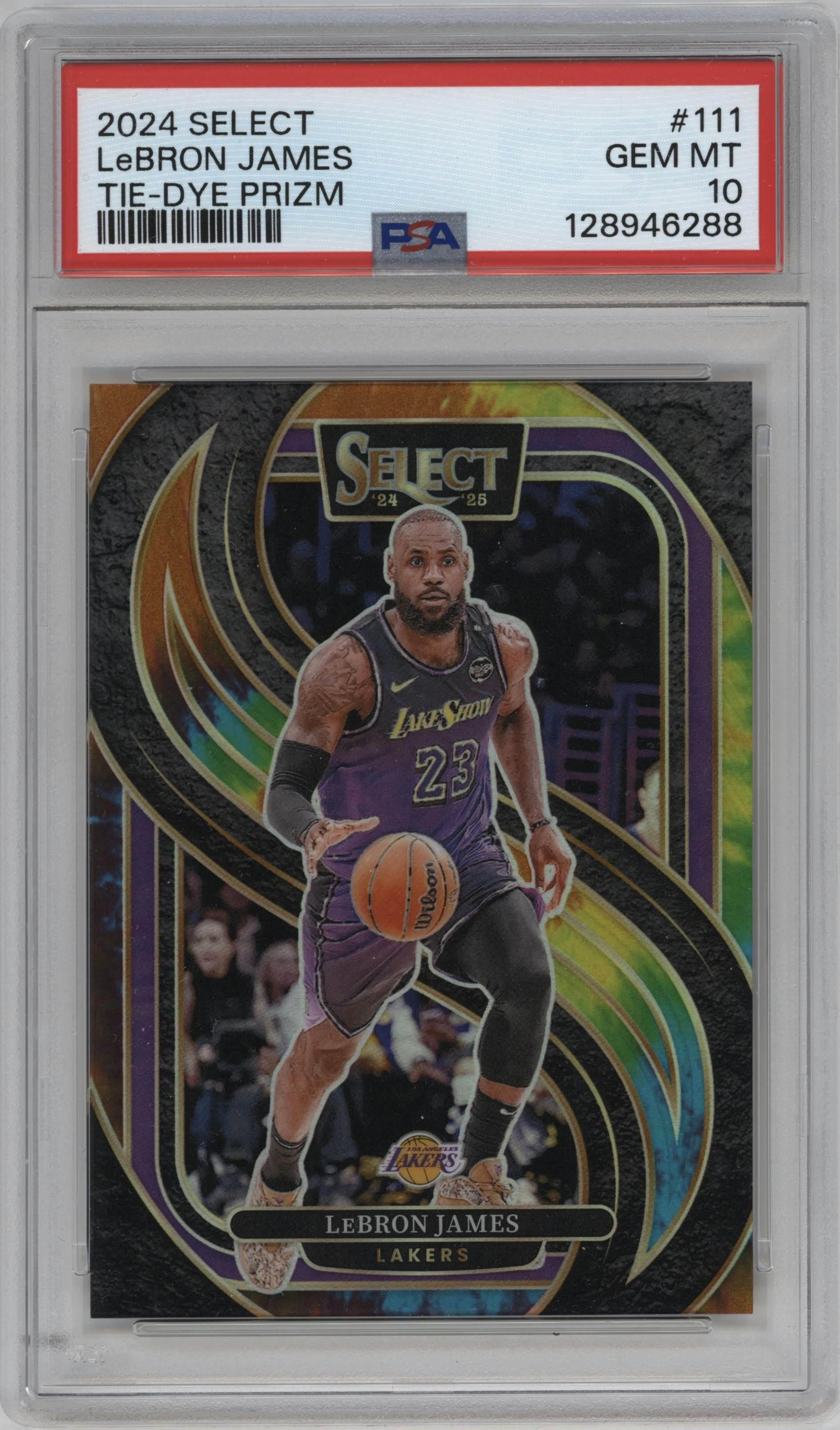 LeBron James from the 2024-25 Panini Select set featuring a Tie-Dye Prizm parallel graded by PSA and given an overall grade of 10.