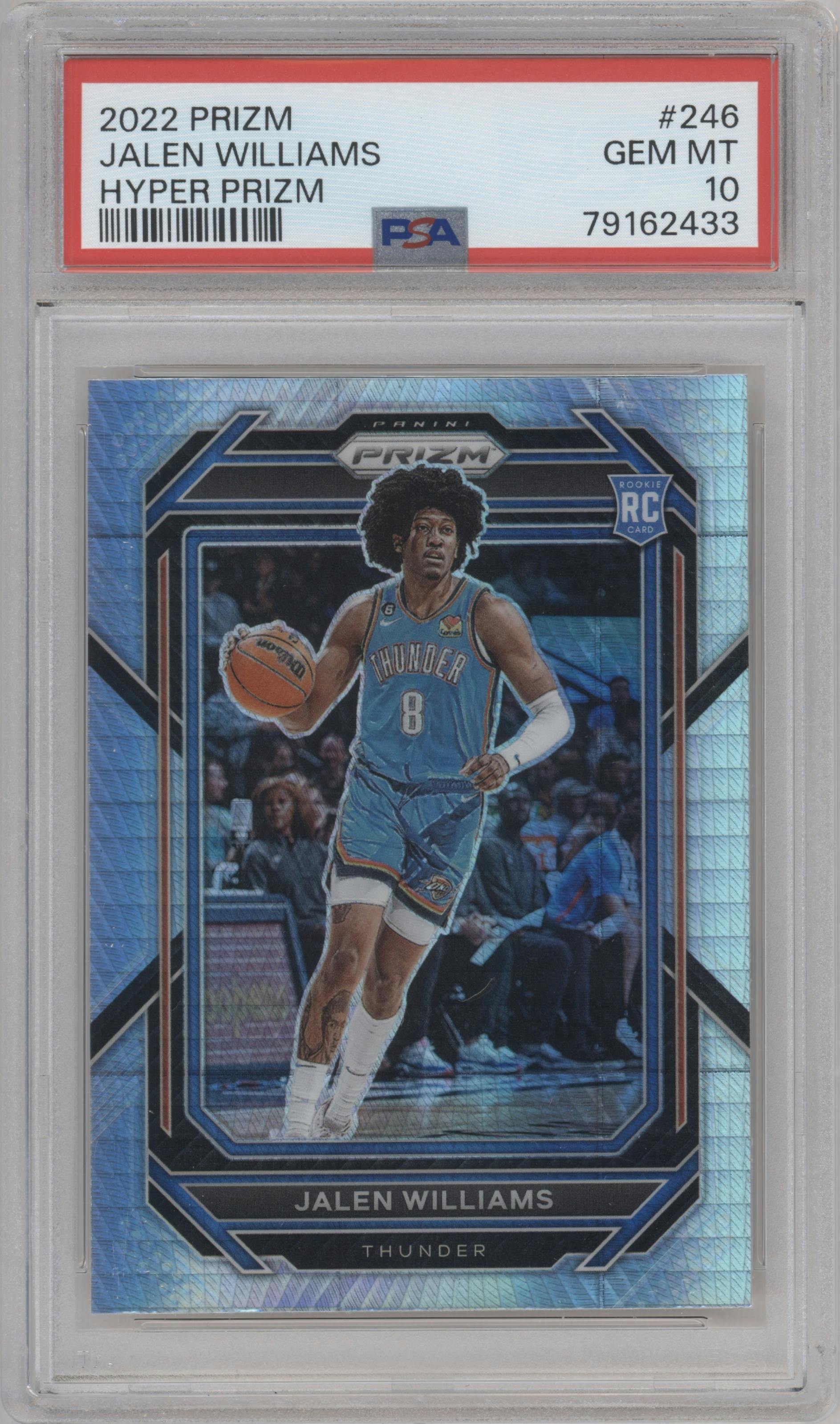 Jalen Williams from the 2022-23 Panini Prizm  set featuring a Hyper parallel graded by PSA and given an overall grade of 10.
