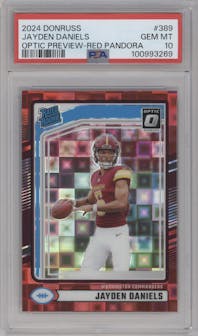 Jayden Daniels from the 2024 Donruss set featuring a Red Pandora parallel graded by PSA and given an overall grade of 10.