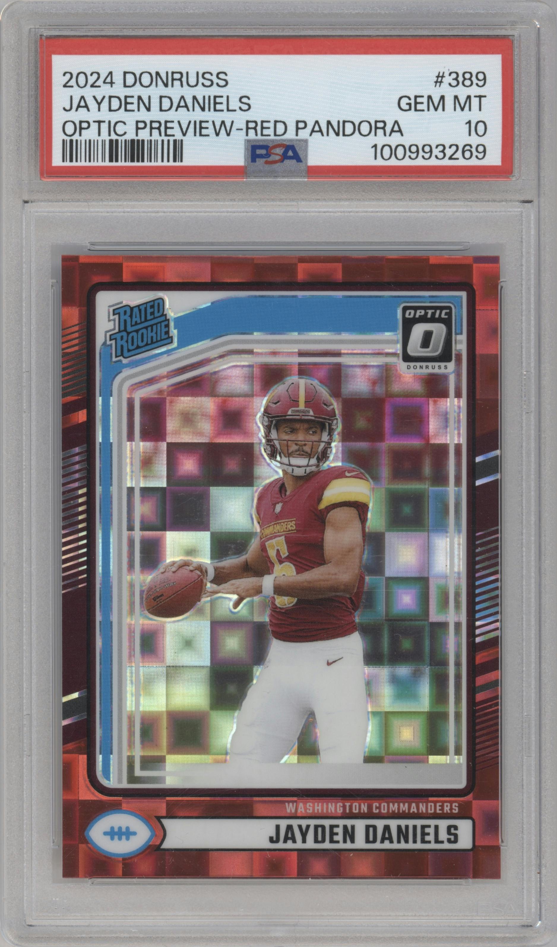 Jayden Daniels from the 2024 Donruss set featuring a Red Pandora parallel graded by PSA and given an overall grade of 10.