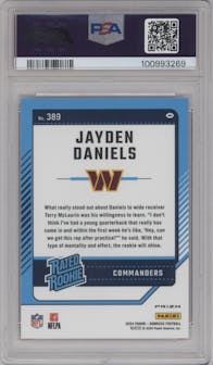 Jayden Daniels from the 2024 Donruss set featuring a Red Pandora parallel graded by PSA and given an overall grade of 10.