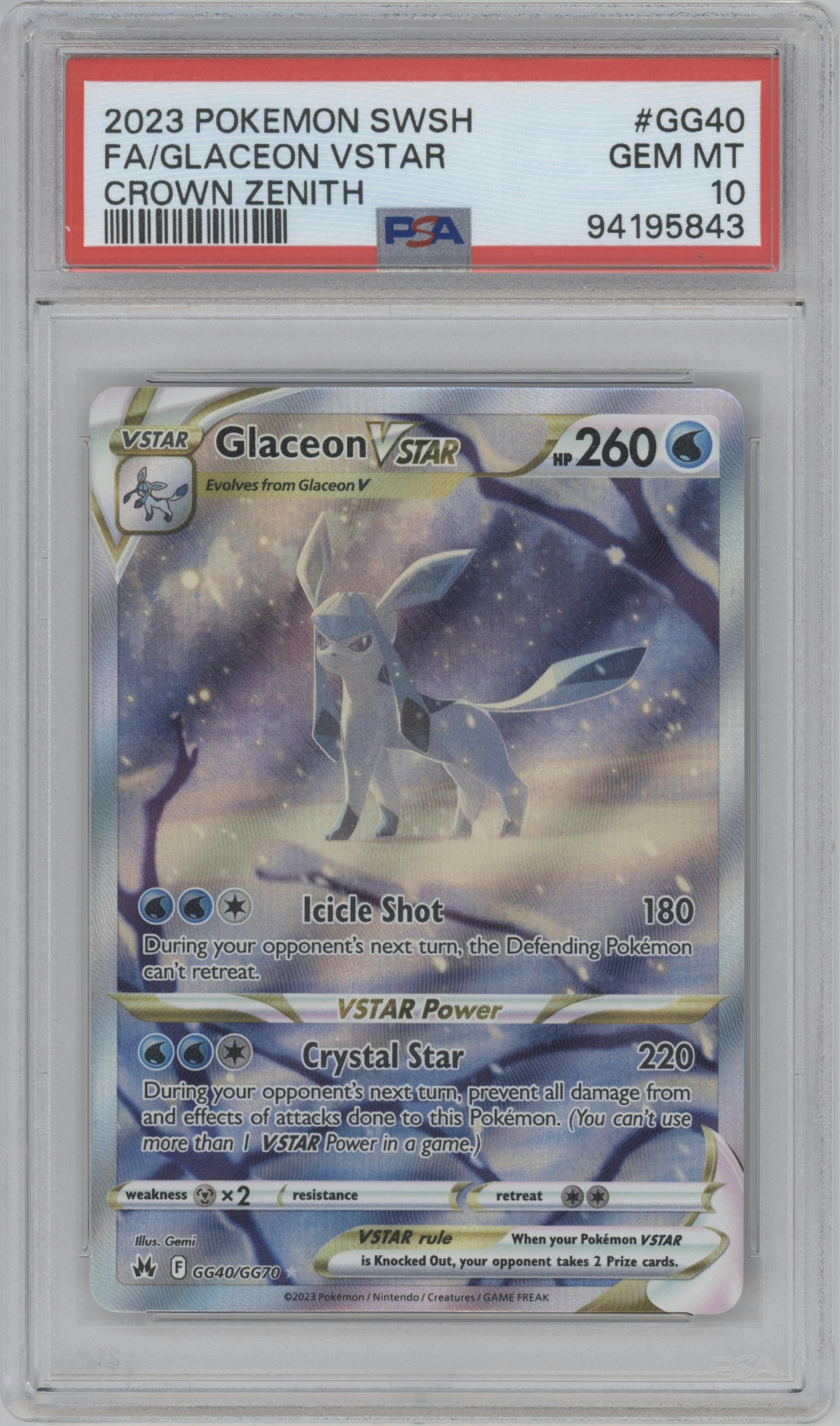 Glaceon Vstar from the 2023 Pokemon SWSH set graded by PSA and given an overall grade of 10.