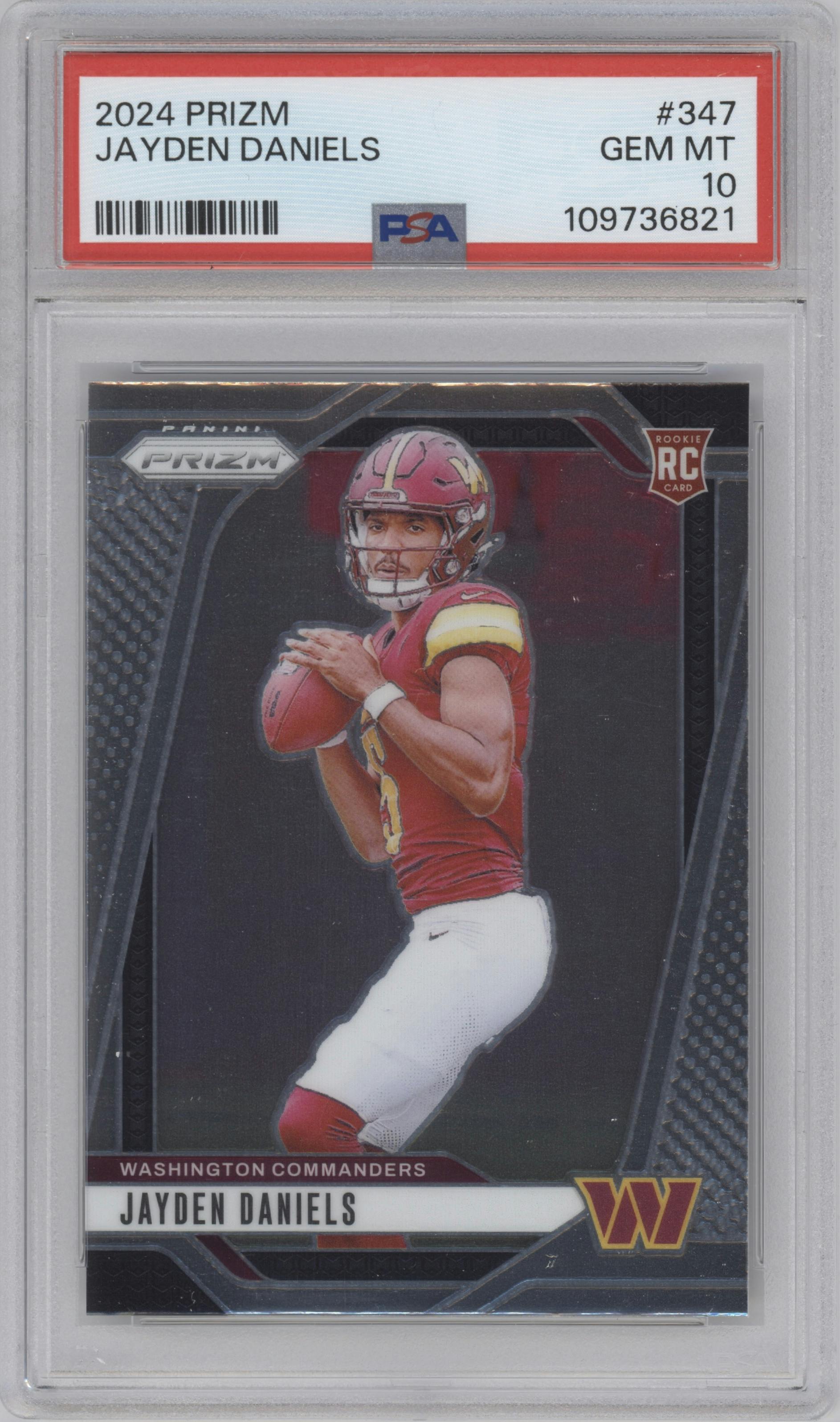 Jayden Daniels from the 2024 Panini Prizm set graded by PSA and given an overall grade of 10.