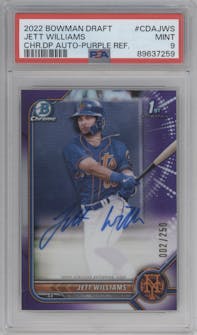 Jett Williams  from the 2022 Bowman Draft set featuring a Purple Refractor parallel graded by PSA and given an overall grade of 9.