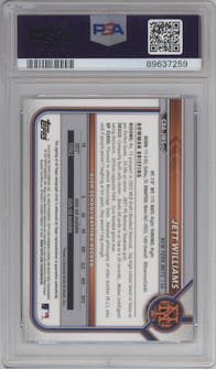 Jett Williams  from the 2022 Bowman Draft set featuring a Purple Refractor parallel graded by PSA and given an overall grade of 9.