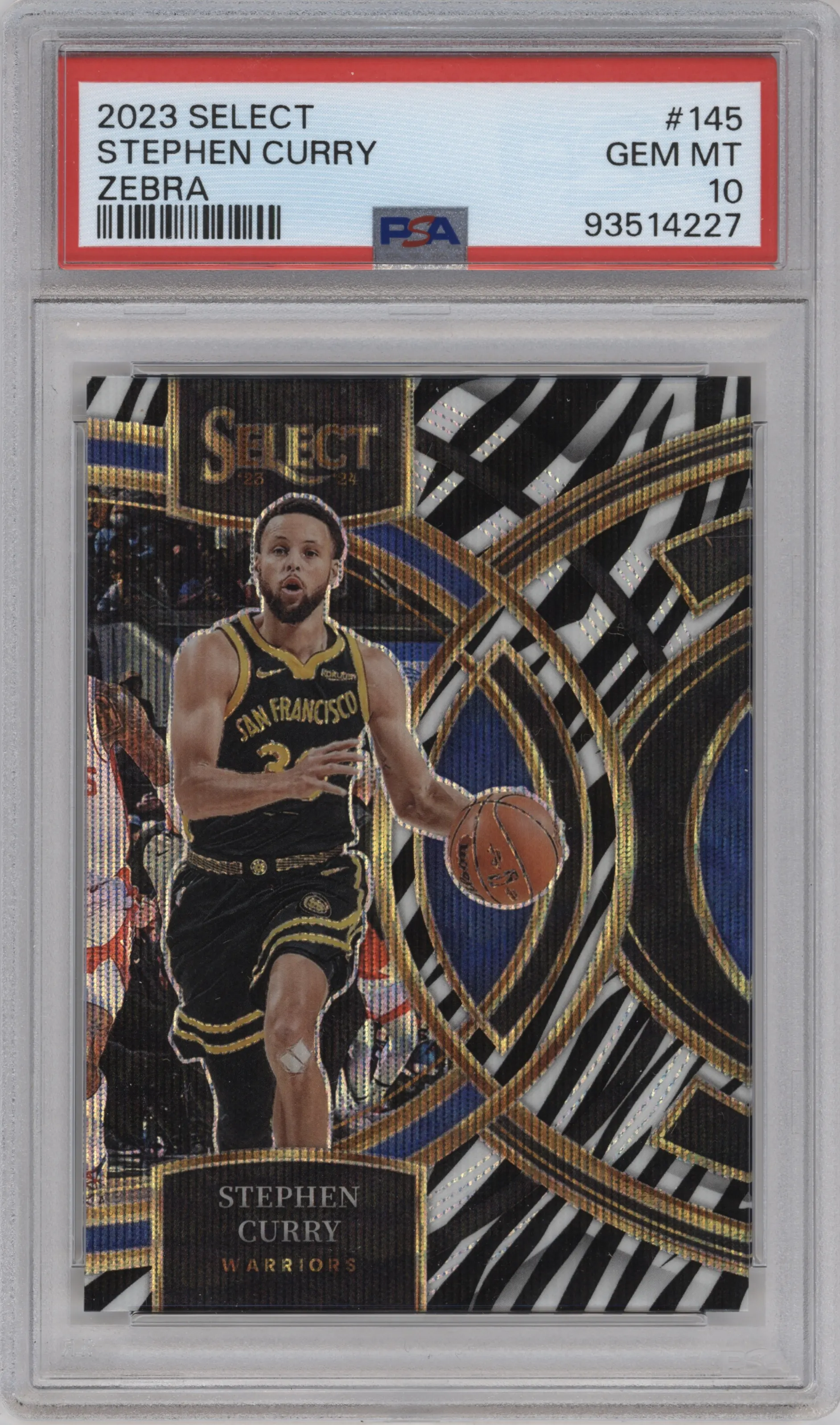 2023 Panini Select Pre.Lvl. Stephen Curry Zebra Prizm #145 PSA 10