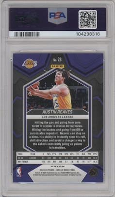 Austin Reaves from the 2023-24 Panini Mosaic set featuring a Genesis parallel graded by PSA and given an overall grade of 10.