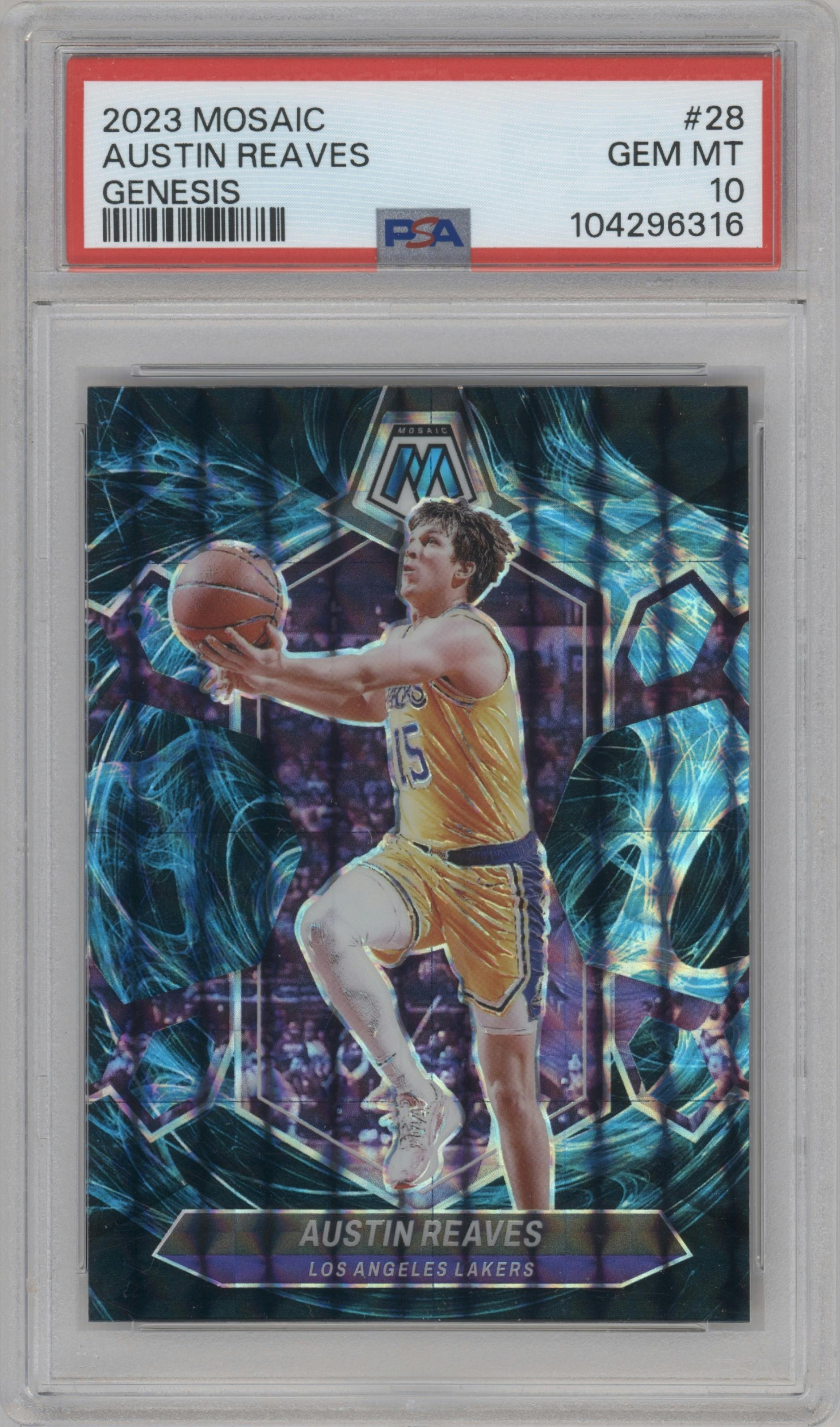 Austin Reaves from the 2023-24 Panini Mosaic set featuring a Genesis parallel graded by PSA and given an overall grade of 10.