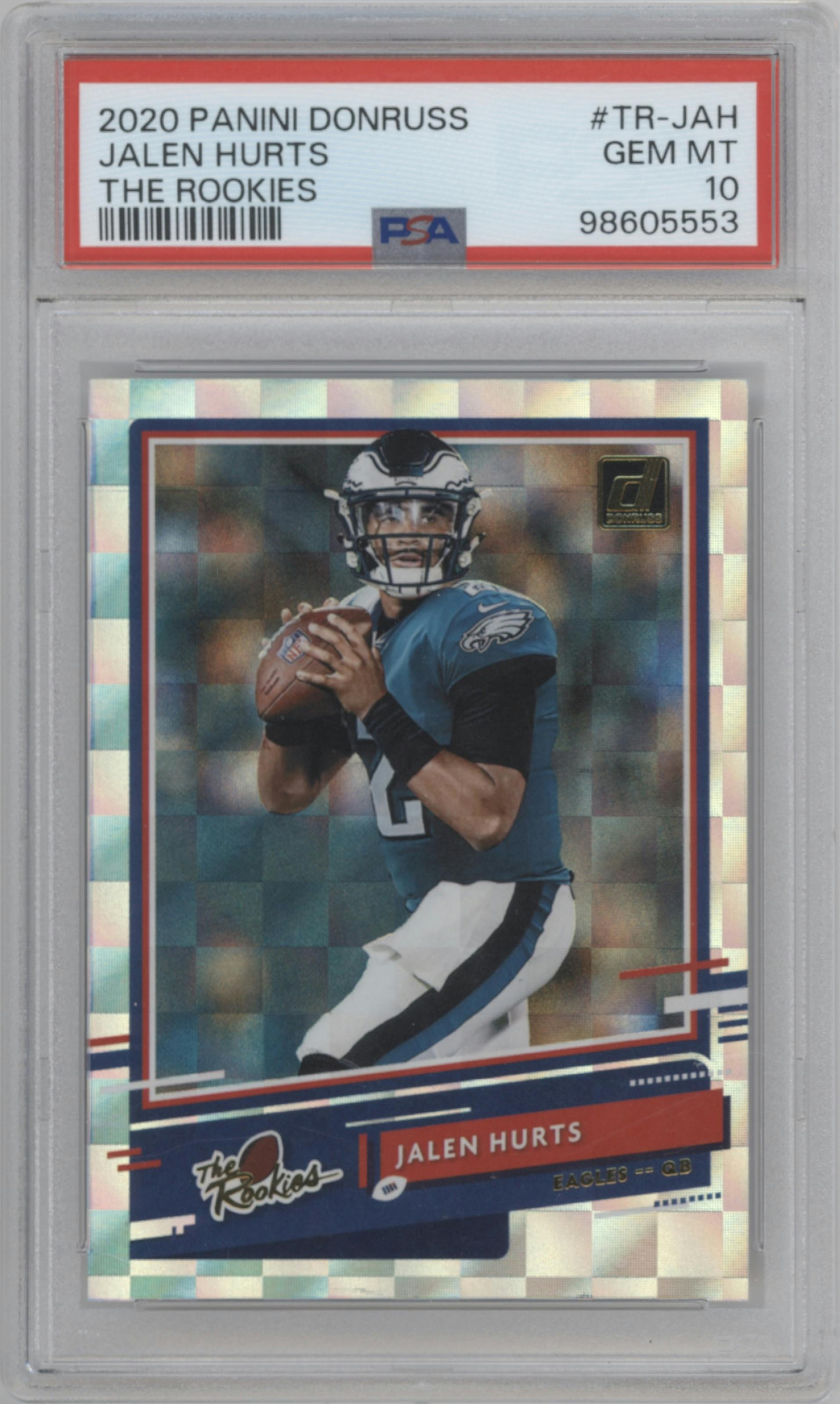 Jalen Hurts from the 2020 Panini Donruss set graded by PSA and given an overall grade of 10.