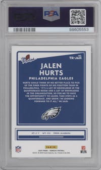 Jalen Hurts from the 2020 Panini Donruss set graded by PSA and given an overall grade of 10.