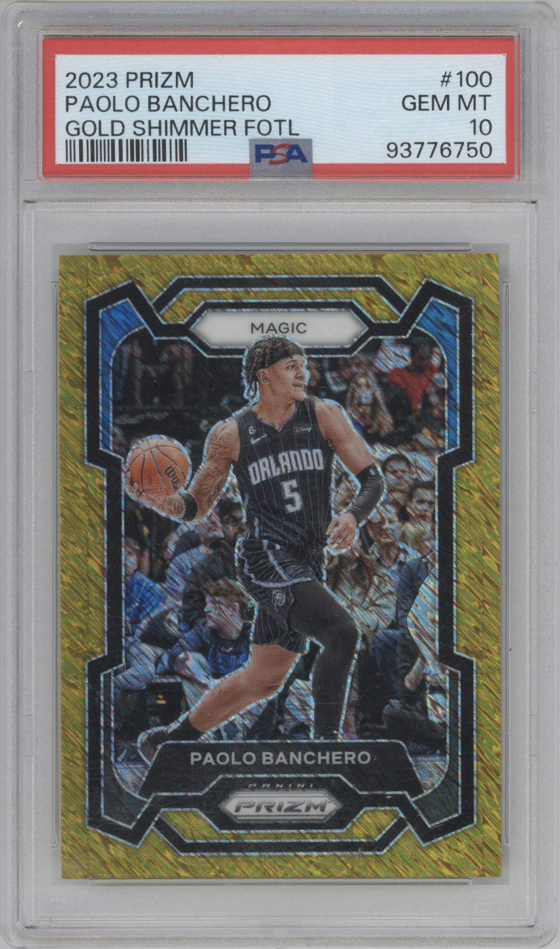 Paolo Banchero from the 2023-24 Panini Prizm set featuring a FOTL Gold Shimmer parallel graded by PSA and given an overall grade of 10.