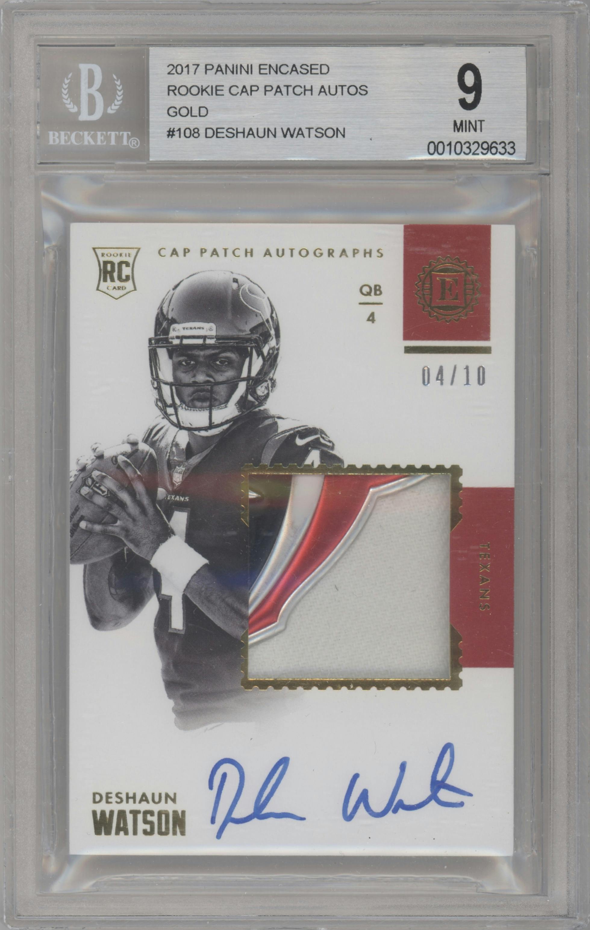 Deshaun Watson from the 2017 Panini Encased set featuring a Gold parallel graded by Beckett and given an overall grade of 9.