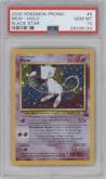 Mew from the 2000 Pokemon set featuring a Pokemon League parallel graded by PSA and given an overall grade of 10.