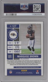Marquise Brown from the 2019 Panini Contenders Optic set graded by PSA and given an overall grade of 10.