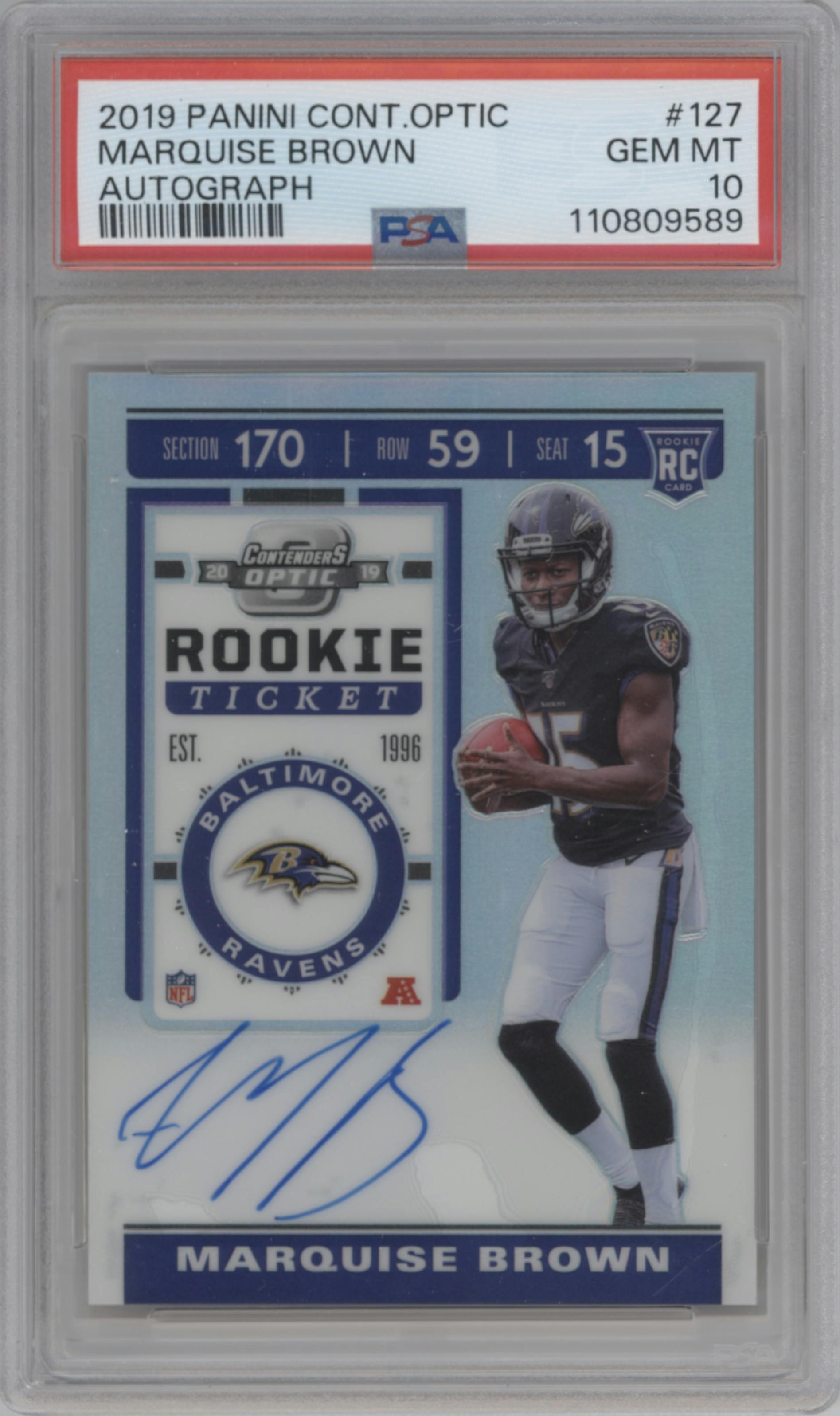 Marquise Brown from the 2019 Panini Contenders Optic set graded by PSA and given an overall grade of 10.