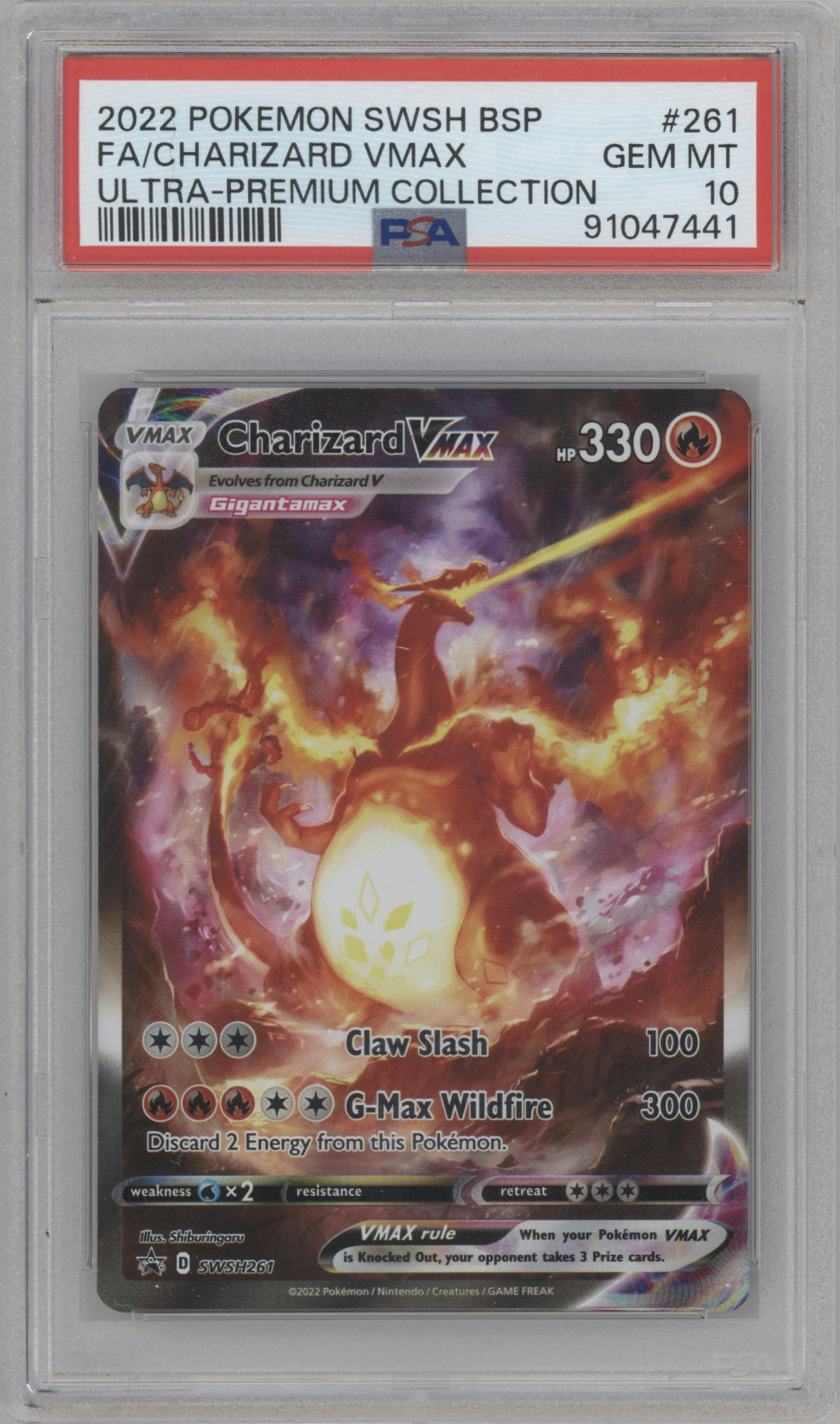 Charizard VMAX  from the 2022 Pokemon SWSH set featuring a Ultra Premium Collection parallel graded by PSA and given an overall grade of 10.