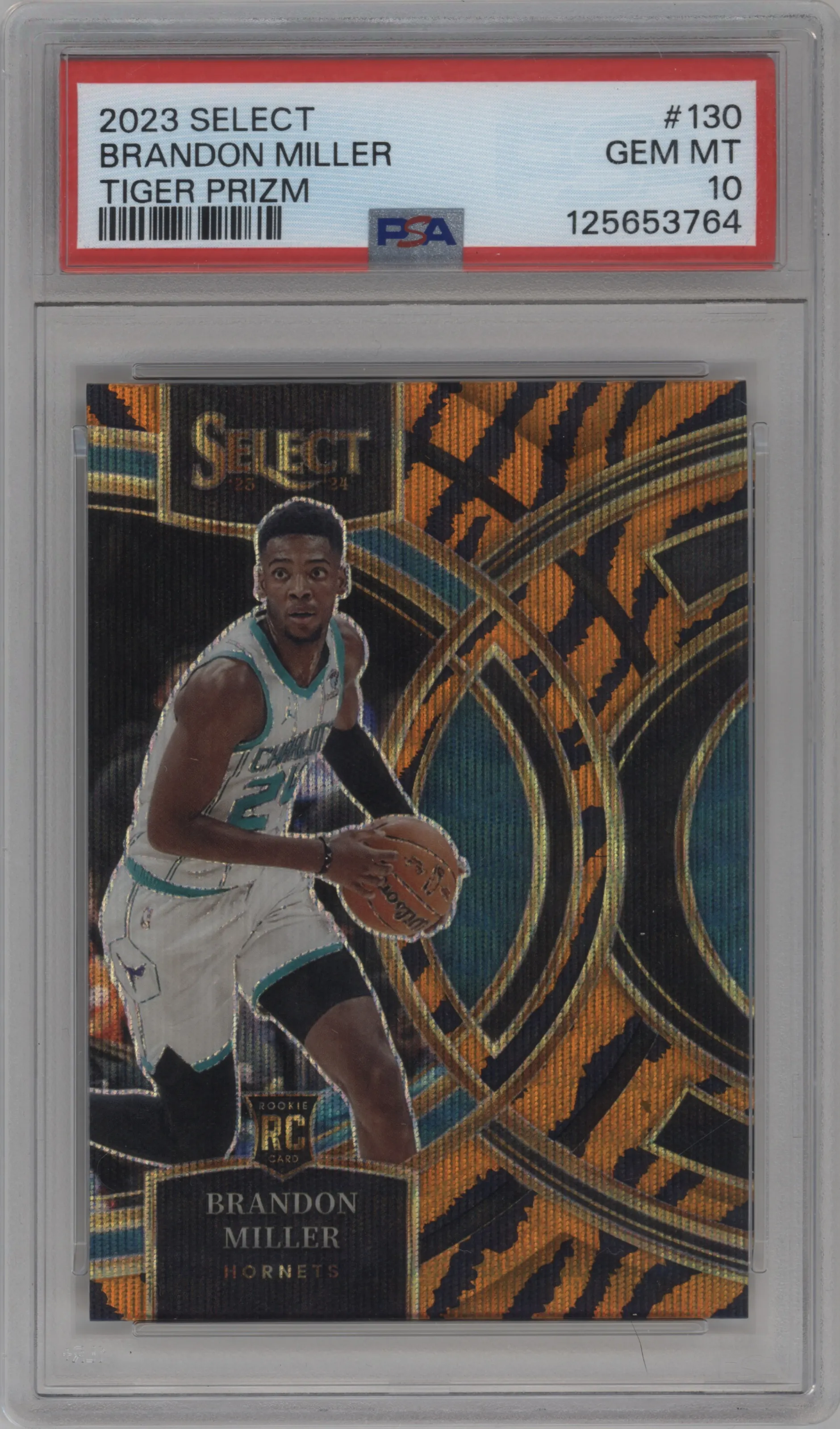 Brandon Miller from the 2023-24 Panini Select  set featuring a Tiger parallel graded by PSA and given an overall grade of 10.
