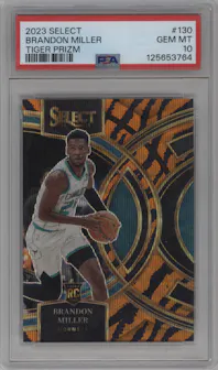 Brandon Miller from the 2023-24 Panini Select set featuring a Tiger parallel graded by PSA and given an overall grade of 10.