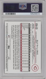 Elly De La Cruz from the 2024 Topps Chrome Update Sapphire Edition set featuring a Gold Refractor parallel graded by PSA and given an overall grade of 10.