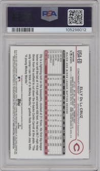 Elly De La Cruz from the 2024 Topps Chrome Update Sapphire Edition set featuring a Gold Refractor parallel graded by PSA and given an overall grade of 10.
