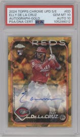 Elly De La Cruz from the 2024 Topps Chrome Update Sapphire Edition set featuring a Gold Refractor parallel graded by PSA and given an overall grade of 10.
