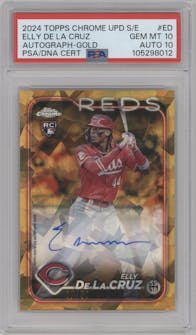 Elly De La Cruz from the 2024 Topps Chrome Update Sapphire Edition set featuring a Gold Refractor parallel graded by PSA and given an overall grade of 10.