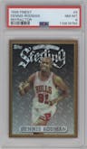 Dennis Rodman from the 1996-97 Topps Finest set featuring a Refractor parallel graded by PSA and given an overall grade of 8.