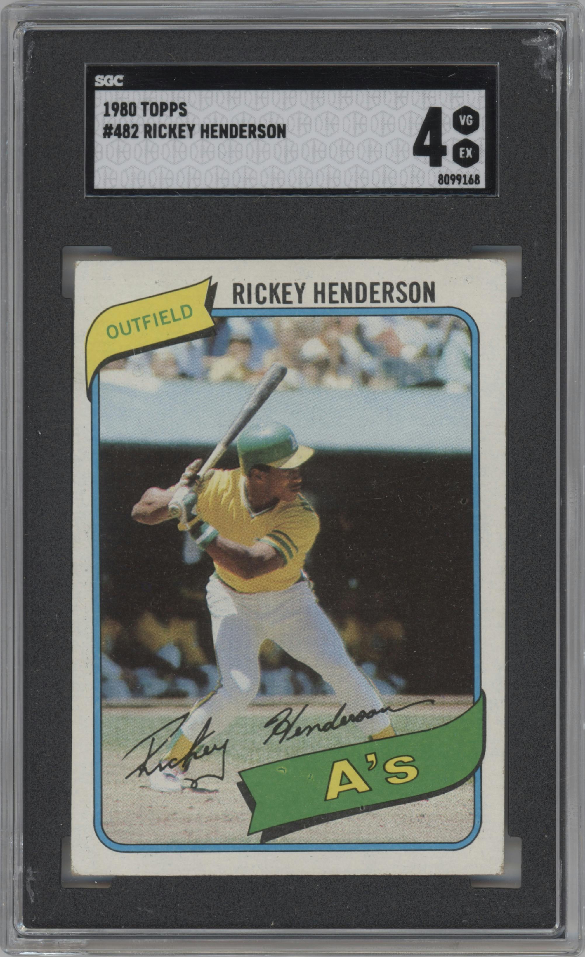Rickey Henderson from the 1980 Topps set graded by SGC and given an overall grade of 4.